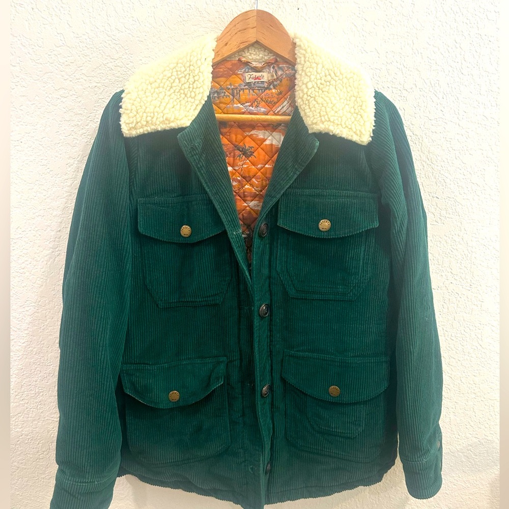 Faherty Corduroy Quilted Chore Coat, Green - Small- Sherpa lined collar